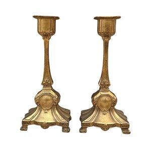 Pair Vintage Candlesticks Art Nouveau Victorian Gold Brass Candle Holders